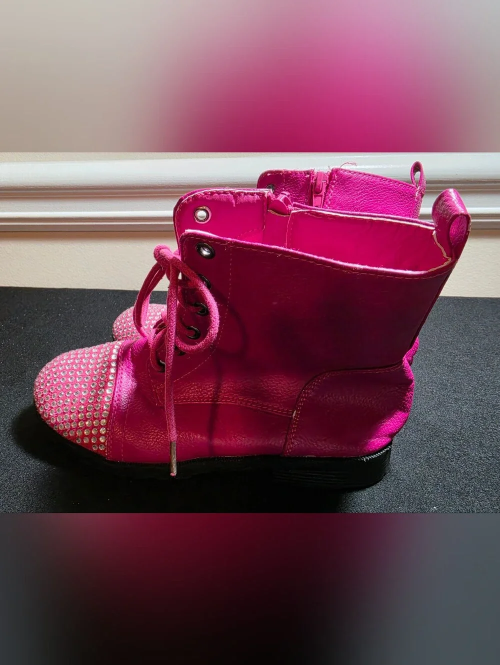 Girls' Hot Pink Rhinestone Combat Boots